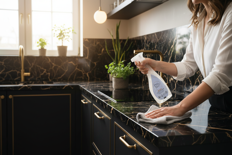 Woman cleaning with spray